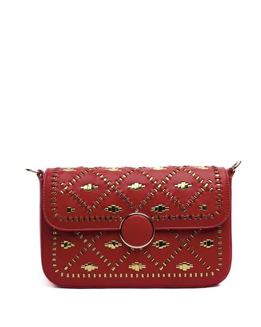 Red handbag with gold weaves.