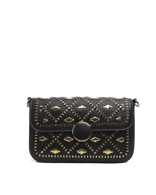 Black handbag with gold weaves.