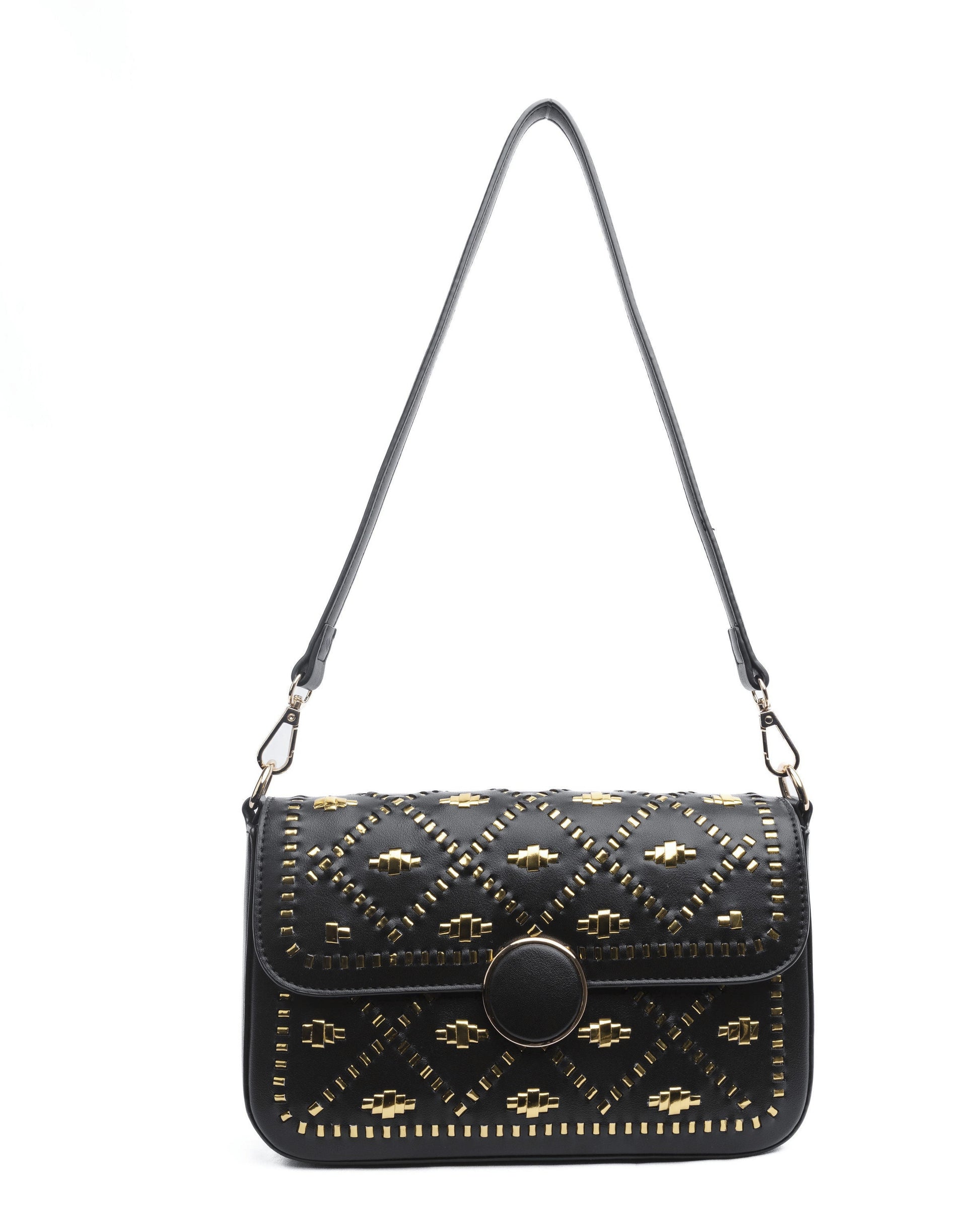 Black handbag with gold weaves.