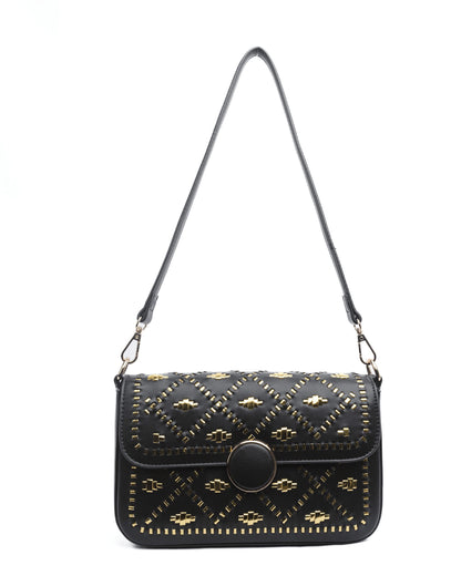 Black handbag with gold weaves.