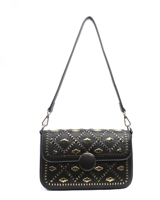 Black handbag with gold weaves.