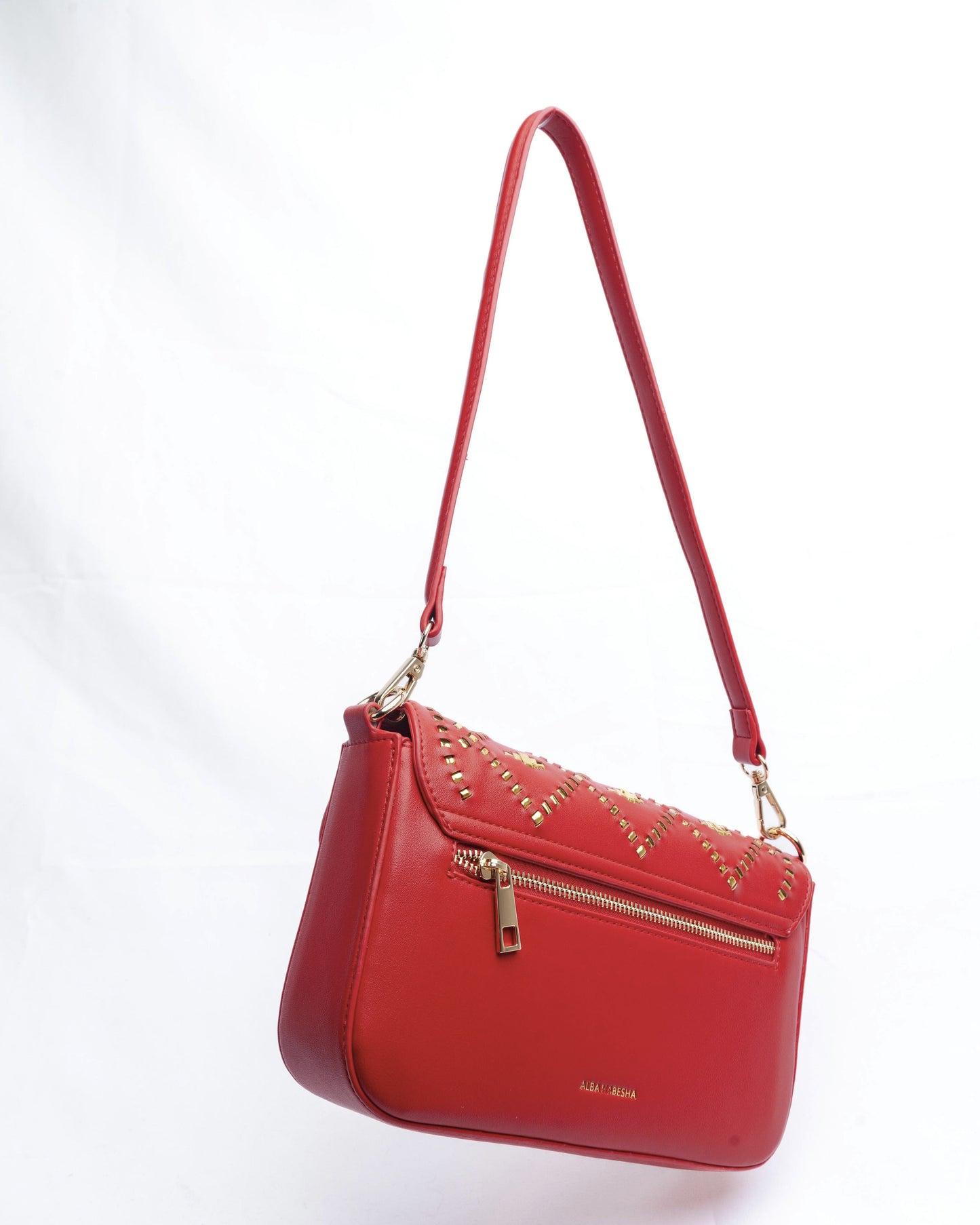 Red handbag with gold weaves.
