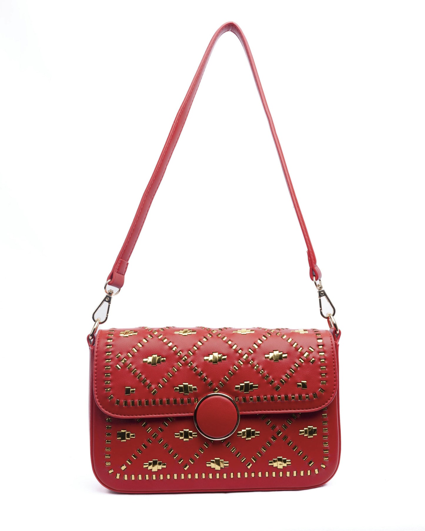 Red handbag with gold weaves.