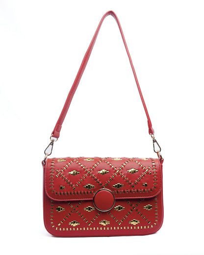 Red handbag with gold weaves.
