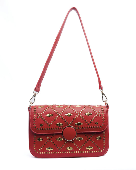 Red handbag with gold weaves.