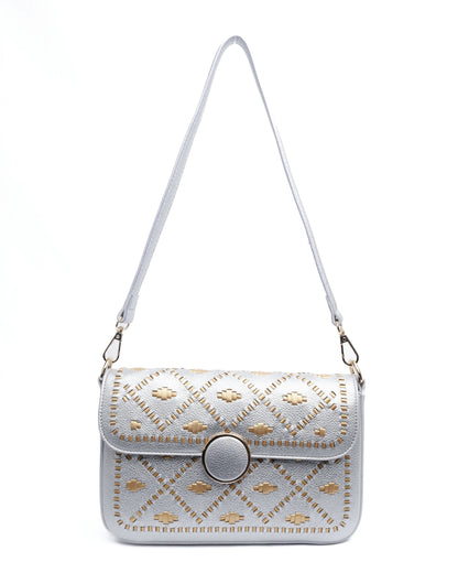 Silver hand bag with gold weaves.