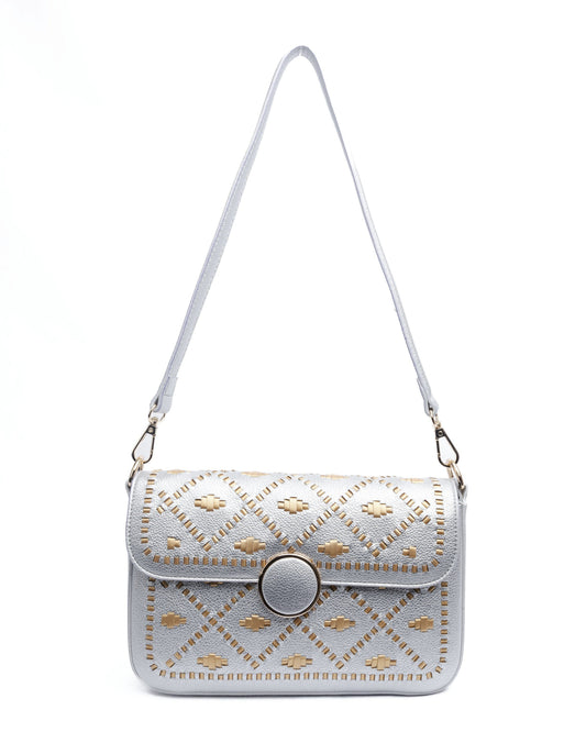 Silver hand bag with gold weaves.