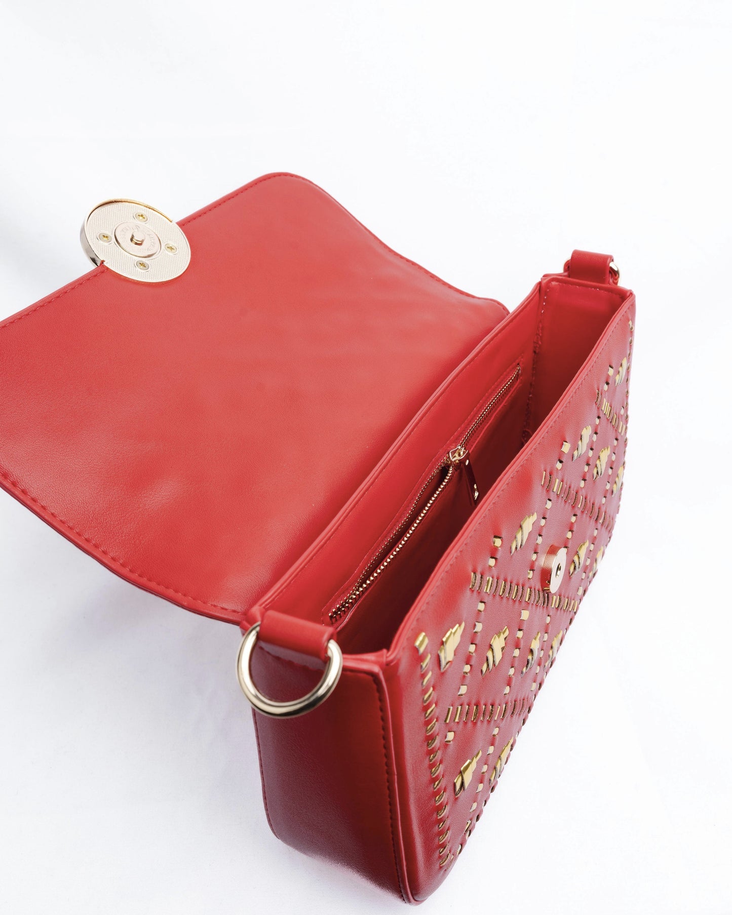 Red handbag with gold weaves.