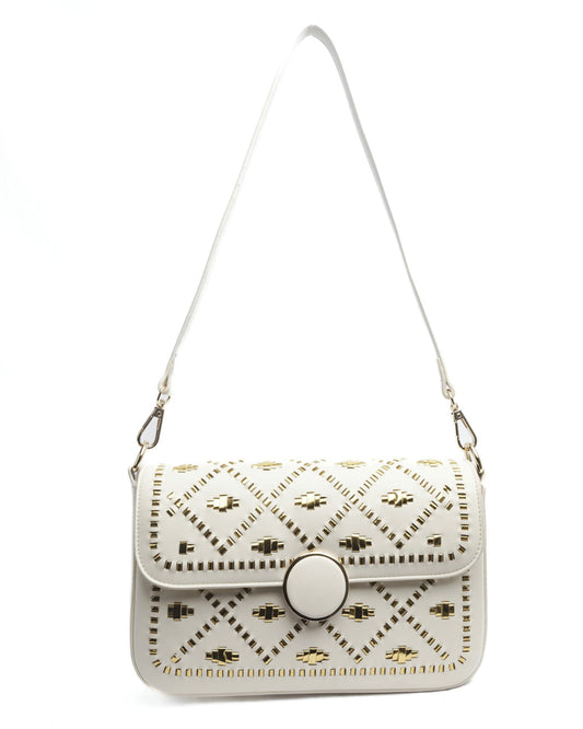 Off-white or Cream hand bag with gold weaves. 