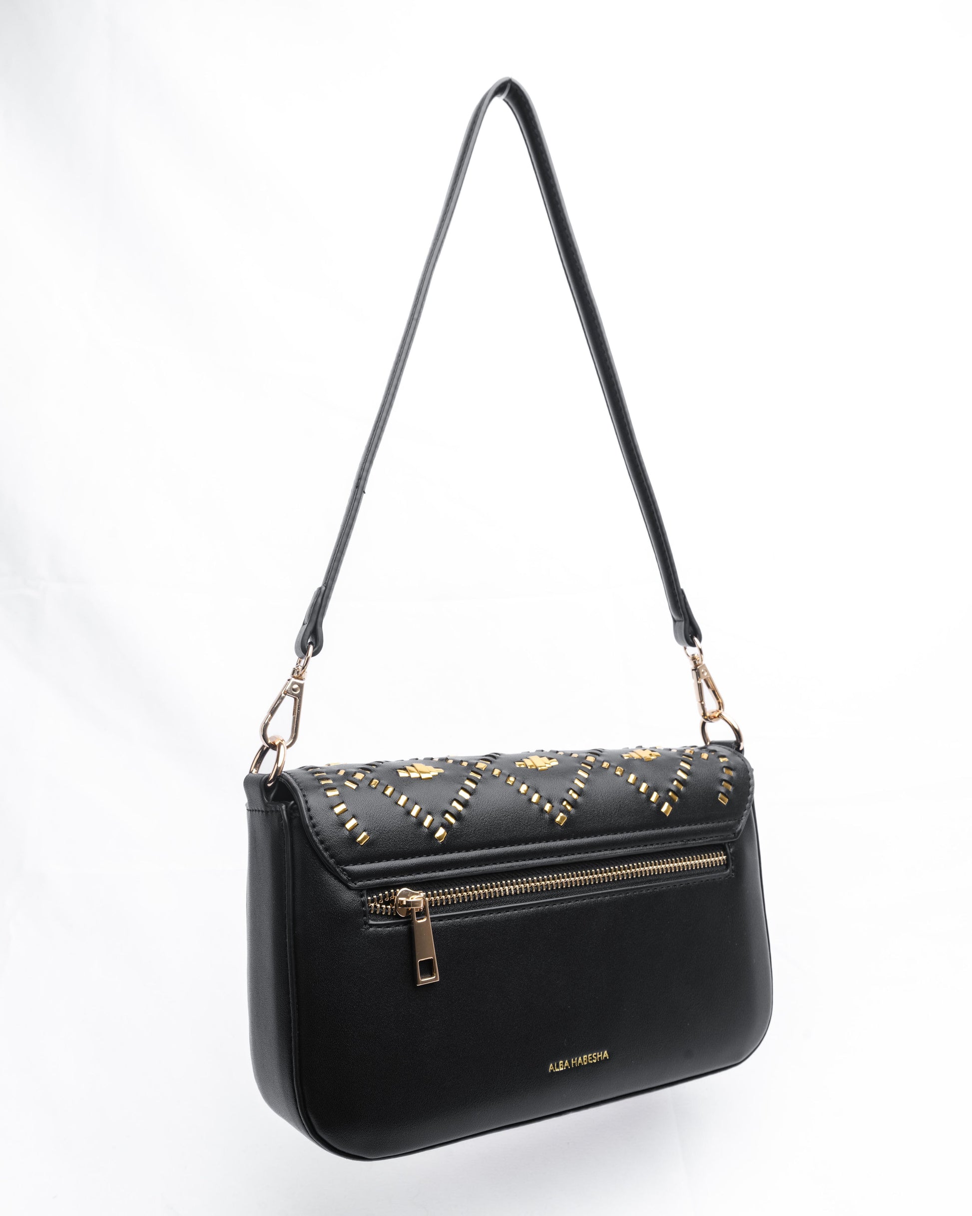 Black handbag with gold weaves.