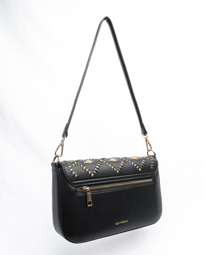 Black handbag with gold weaves.